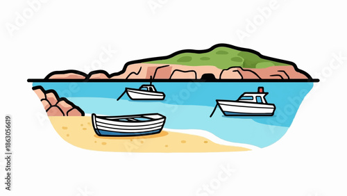 Coastal scene with boats on the water, sandy shore, rocky cliffs, and green hill