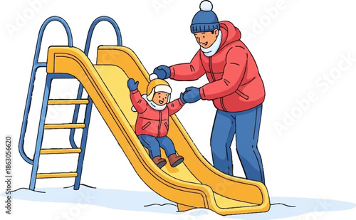 Father and child joyfully play on a snowy playground slide in winter