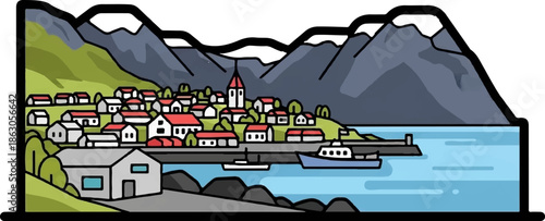 Coastal town nestled by water and mountains