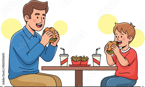Father and son happily eating burgers and fries at a table