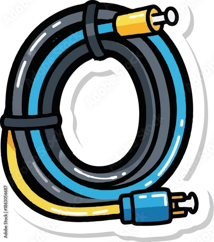 Coiled audio or data cable with black, blue, and yellow wiring, featuring connectors on both ends