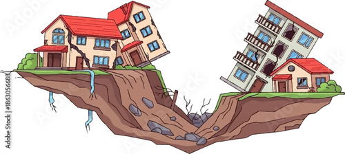 Cartoon houses tilt precariously on a fractured cliffside, with a landslide separating them