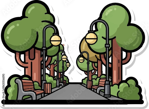 An inviting park pathway illustration, symmetrically lined with trees, streetlights, and benches on a sunny day