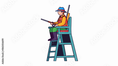 Cartoon hunter in hat, vest, and boots sits on a high stand, holding a rifle. Another rifle stored behind