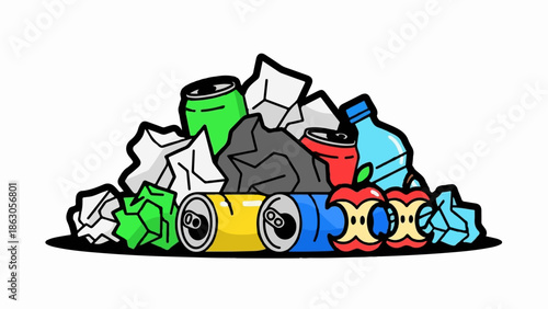 An illustrative pile of colorful trash, including crushed cans, plastic bottles, crumpled paper, and apple cores