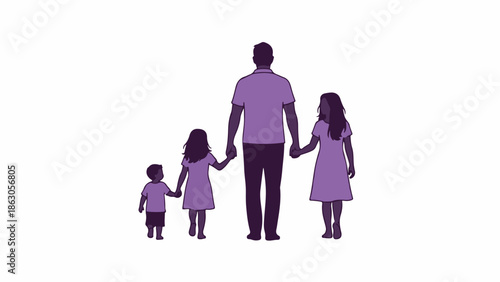 Father holds hands with his two children, with another child by his side