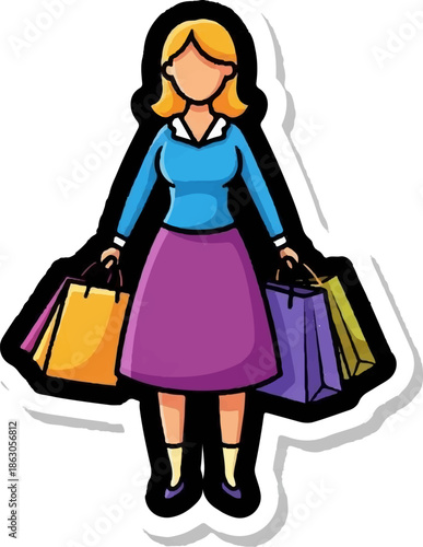 Cartoon illustration of a blonde woman in a blue top and purple skirt holding multiple shopping bags