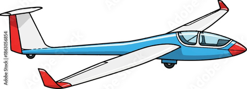 Cartoon illustration of a blue and white glider airplane with red accents, for flight and soaring