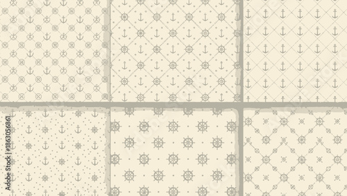 Nautical themed seamless patterns in beige and gray evoke a vintage maritime style