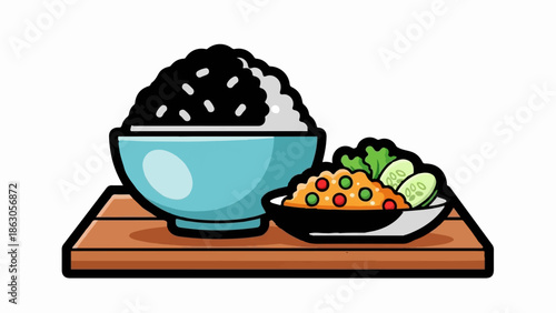 Cartoon illustration of a bowl of white rice and a dish of fried rice with vegetables