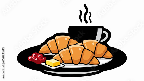 Cartoon illustration of a breakfast with croissants, jam, butter, and a steaming hot drink on a plate