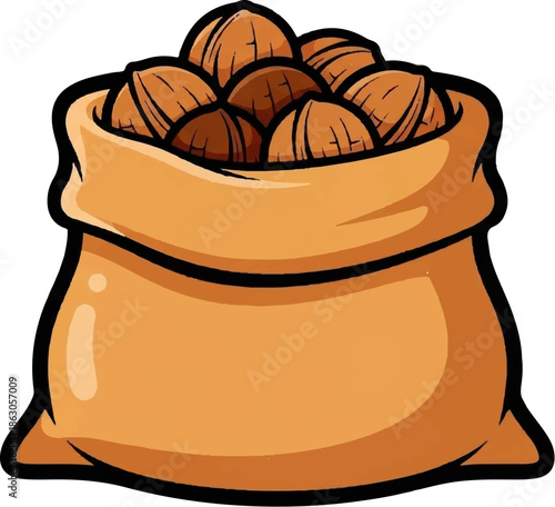 Cartoon illustration of a brown sack overflowing with delicious walnuts, set against a clean white background