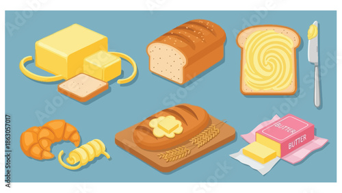 Colorful vector art showing sliced bread croissant butter spread on slice and whole loaf arranged on blue background