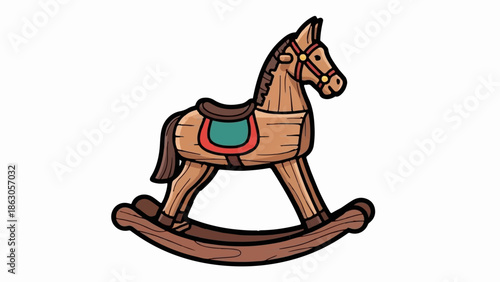Cartoon illustration of a brown wooden rocking horse with saddle, bridle, and visible wood grain