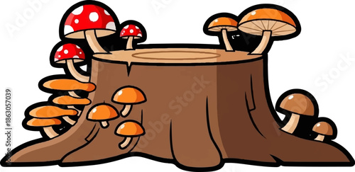 Cartoon illustration of a brown tree stump covered in various colorful mushrooms, including red and orange caps