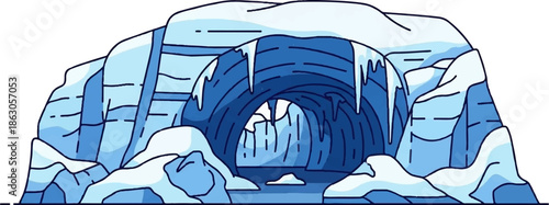 An illustrative cartoon of an ice cave or grotto, featuring a dark blue interior with icicles
