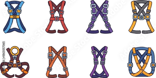 Collection of colorful, simple illustrations of various safety harnesses with buckles and straps