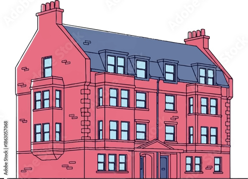 Cartoon-style depiction of a pink building with a blue roof and windows