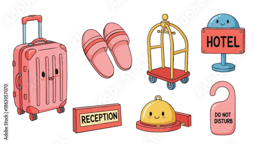 Cute cartoon style pink suitcase with slippers bell cart reception sign hotel sign and door hanger do not disturb vector art