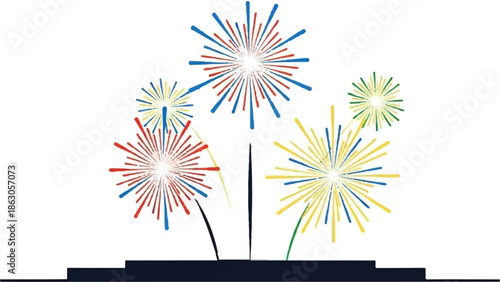 Festive bursts of red, white, blue, and yellow fireworks illuminate a dark base