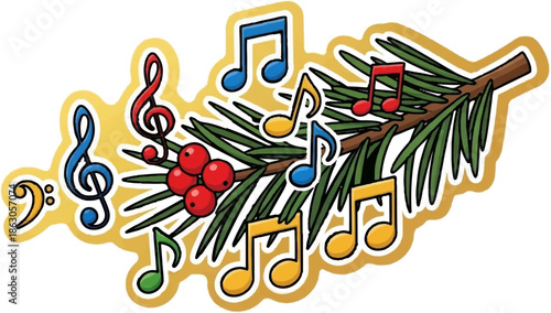Festive branch with musical notes and holly berries, set against a golden background