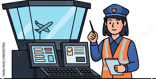 Air traffic controller at work in control tower with planes on screens