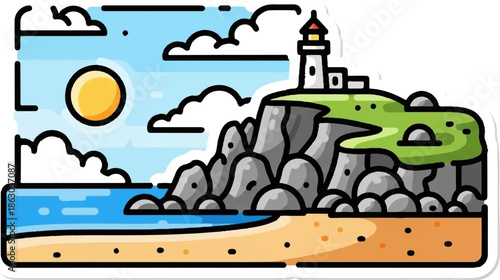 Cartoon illustration of a coastal scene featuring a lighthouse on green cliffs above a sandy beach and ocean