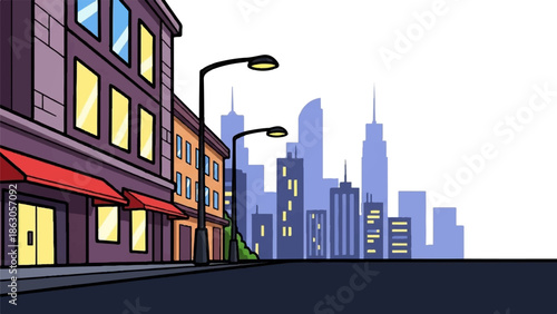Cartoon illustration of a city street at night with buildings, streetlights, and a distant skyline