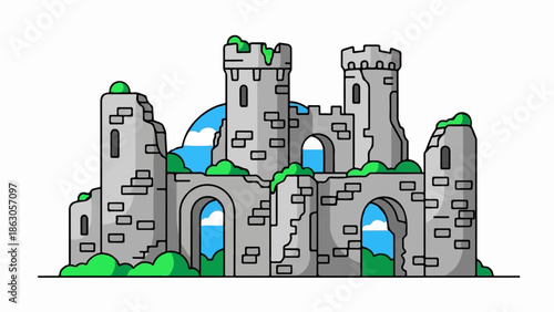 Cartoon-style gray stone castle ruins with green foliage and blue sky