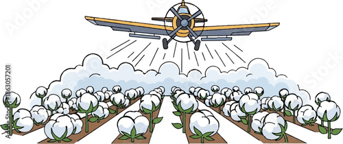 Aerial crop duster sprays a vast field of fluffy cotton plants under a cloudy sky