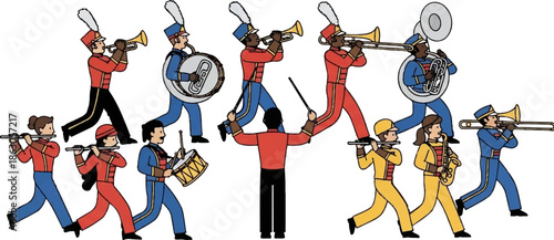 Cartoon illustration of a diverse marching band featuring musicians playing various instruments and a conductor