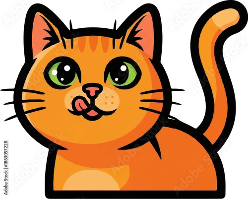 Adorable orange tabby kitten with bright green eyes and a pink tongue licking its nose