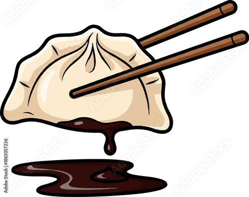 Cartoon illustration of a dumpling held by chopsticks, dripping dark sauce onto a puddle below