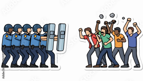 An illustration of riot police in formation with shields facing an angry group of protestors throwing stones