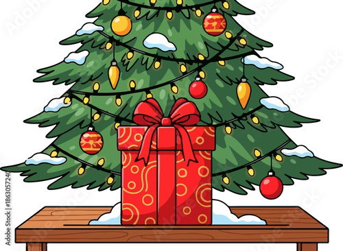 Festive Christmas tree with a red gift box, adorned with lights and ornaments, on a wooden surface