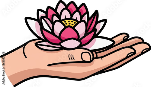 Delicate hand cradles a vibrant pink lotus flower, symbolizing purity and serenity