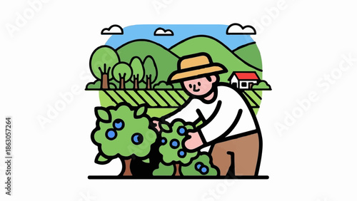 Cartoon illustration of a farmer harvesting blueberries in a rural field with green hills and a small house