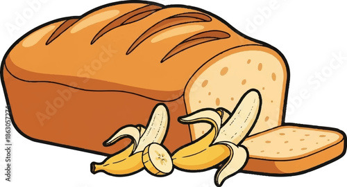 Cartoon illustration of a fresh brown loaf of bread with a slice and three peeled yellow bananas