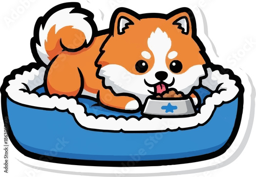 Adorable fluffy dog in a blue bed happily eating from a food bowl