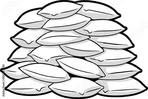 An illustration of numerous white, plump pillows or sacks stacked high, featuring bold black outlines