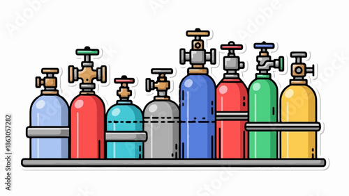 An illustration of multiple colorful gas tanks with valves lined up on a shelf, against a white background