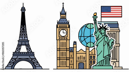 Collection of famous landmarks Eiffel Tower, Big Ben, Statue of Liberty, and buildings