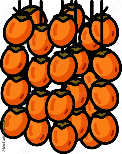 An illustration of many ripe, orange, plump persimmons, with dark green calyxes, hanging in bunches