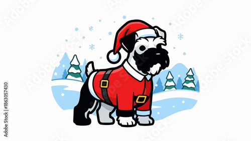 Adorable dog dressed as Santa, standing in a snowy winter landscape