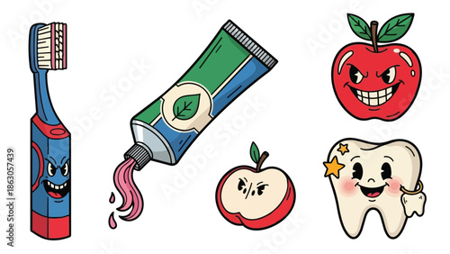 Colorful cartoon style smiling tooth with small tooth charm and angry apple with red electric toothbrush and green toothpaste tube