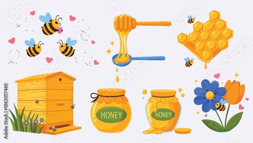 Colorful vector art honey bees flying around wooden hive jars and dripping honey spoon flowers with hearts
