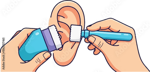 An illustration of hands using an ear cleaning tool and bottle to clean an ear