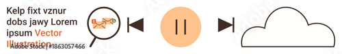 Data storage, cloud computing, file transfer, information analysis, online services, digital technology. Magnifying glass, pause symbol and cloud icons. Cloud computing and file transfer concepts