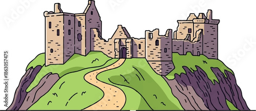Cartoon-style illustration of an ancient, ruined castle perched on a grassy, rocky hill with a path