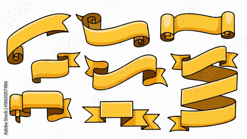 Collection of nine hand-drawn golden ribbon banners in various shapes, perfect for s or accents